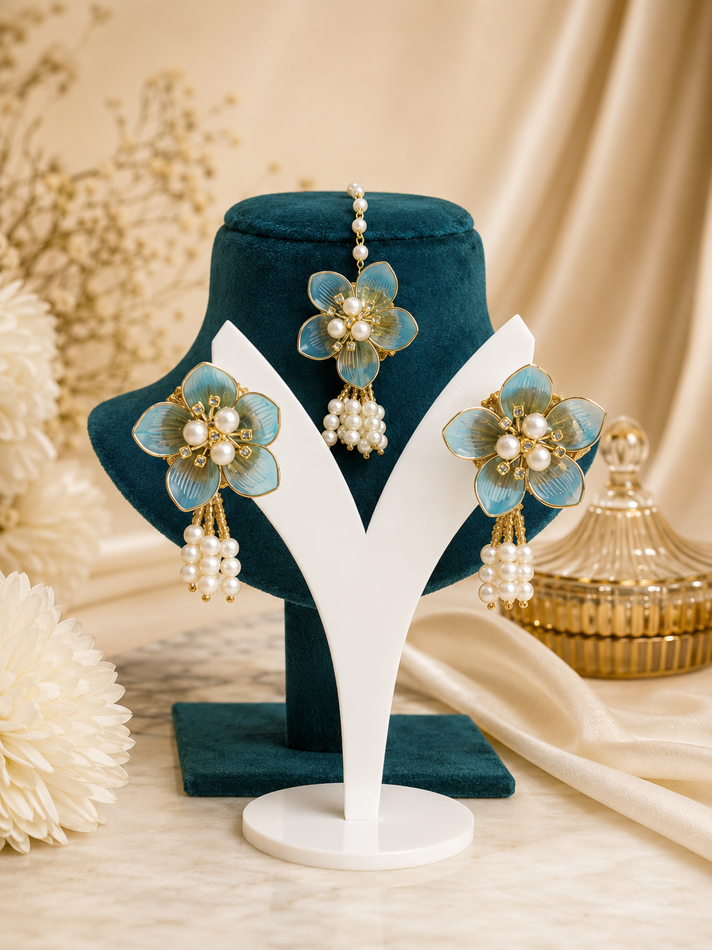 Aqua Blue Acrylic Floral Jewellery Set for Haldi