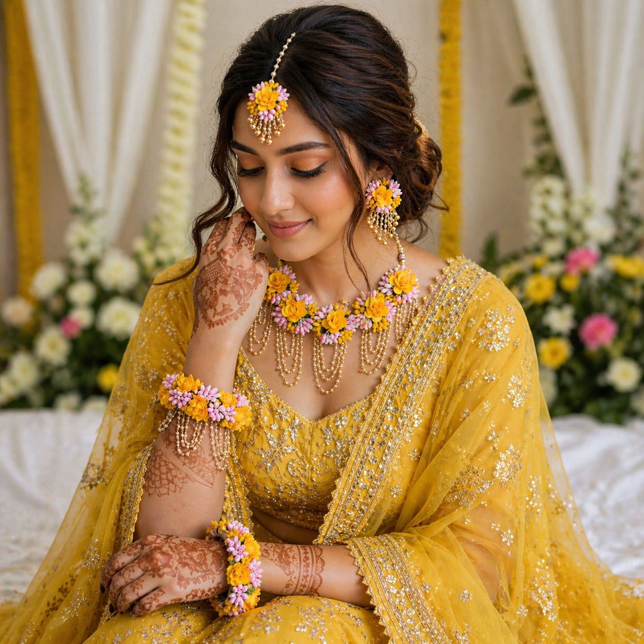 Yellow Floral Haldi Jewellery Set | Haldi & Mehendi Collection - Haldi Jewellery