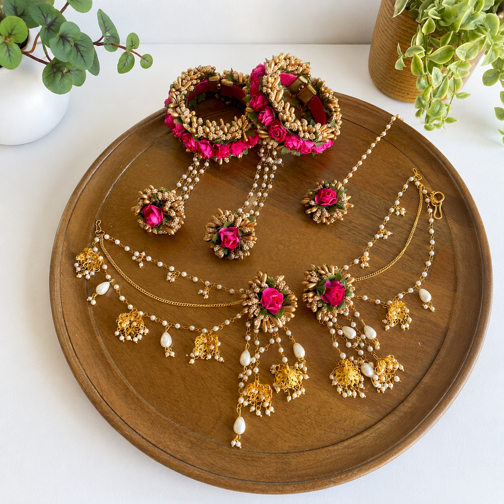 Handmade Floral Jewellery Set for Haldi & Mehendi – Pearl Bangle Hathphool