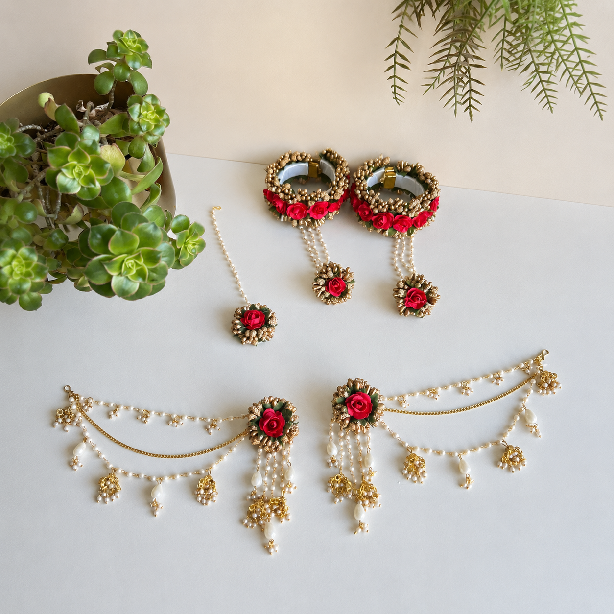 Handmade Floral Jewellery Set for Haldi & Mehendi – Pearl Bangle Hathphool