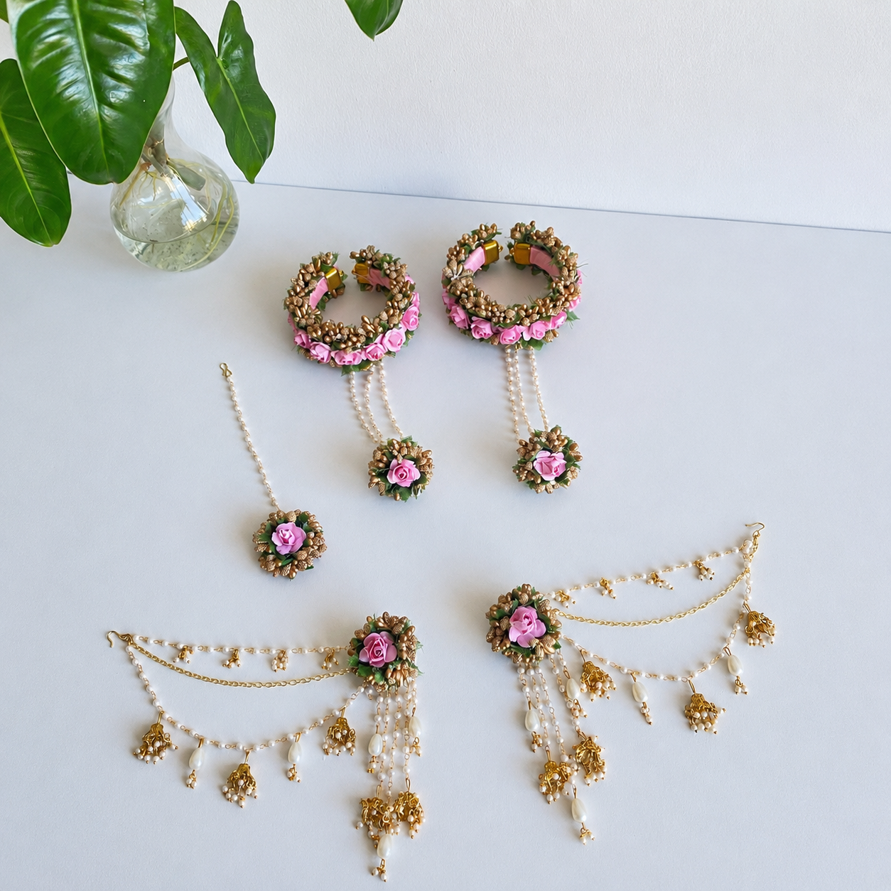 Handmade Floral Jewellery Set for Haldi & Mehendi – Pearl Bangle Hathphool