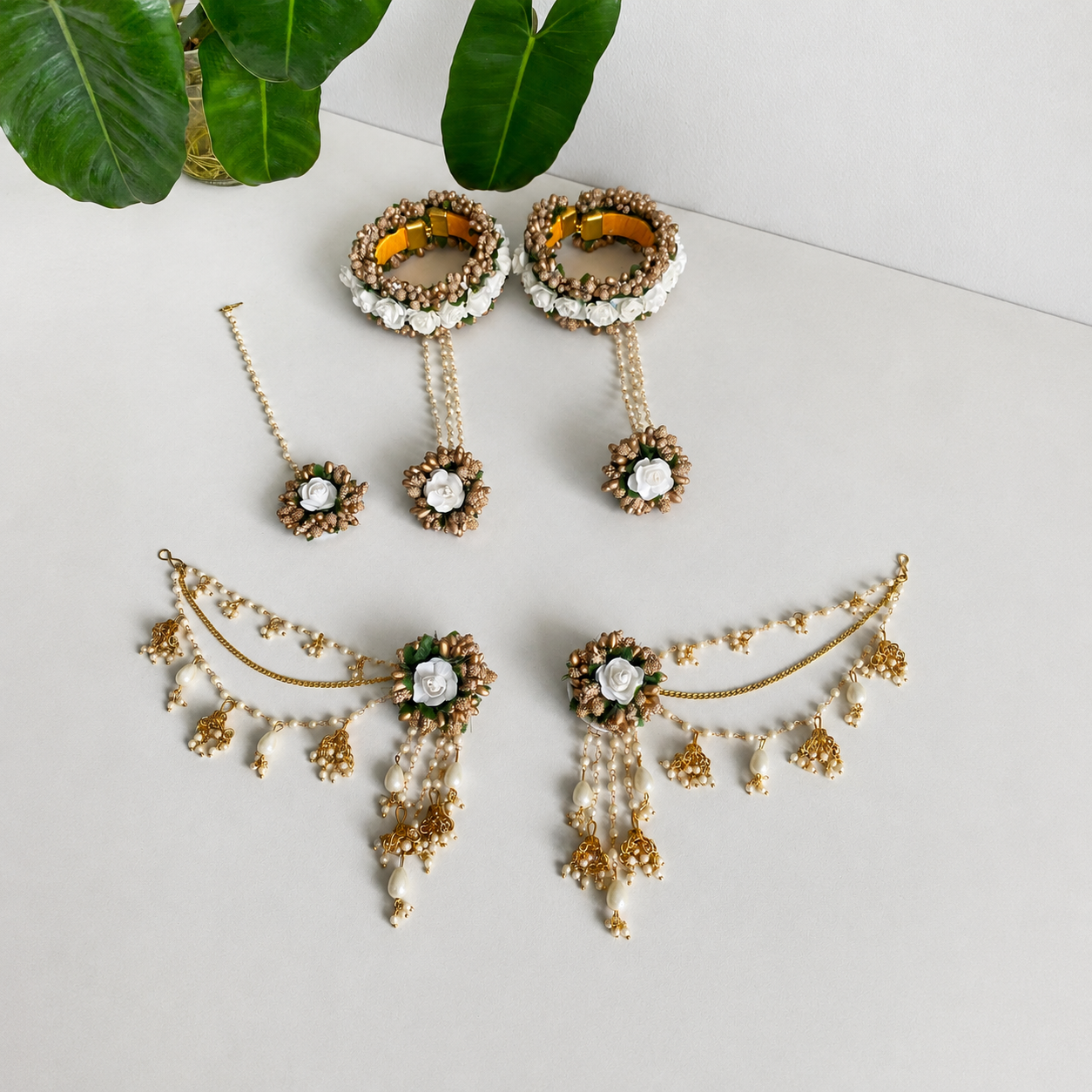 Handmade Floral Jewellery Set for Haldi & Mehendi – Pearl Bangle Hathphool