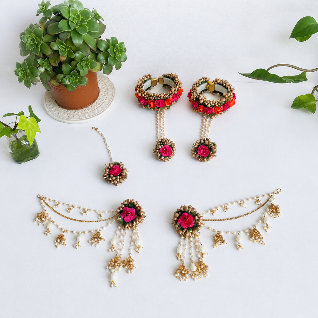 Handmade Floral Jewellery Set for Haldi & Mehendi – Pearl Bangle Hathphool