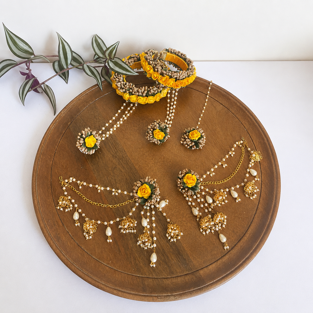 Handmade Floral Jewellery Set for Haldi & Mehendi – Pearl Bangle Hathphool