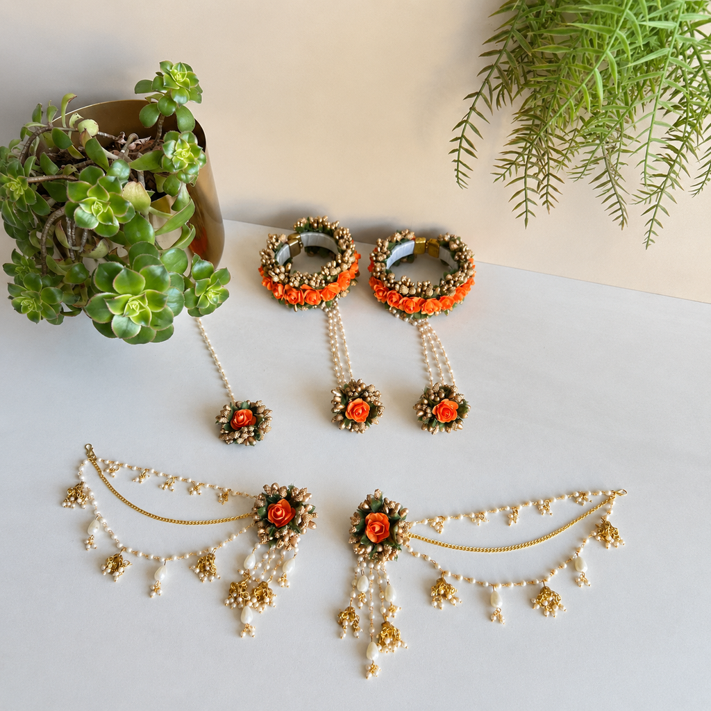 Handmade Floral Jewellery Set for Haldi & Mehendi – Pearl Bangle Hathphool