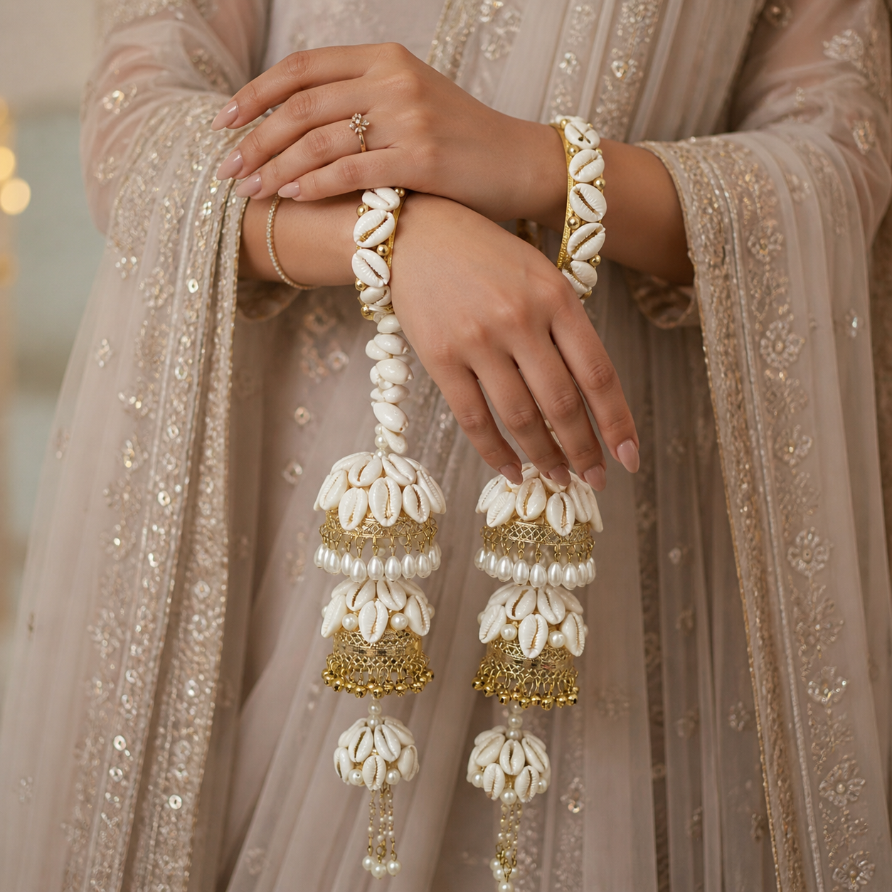 Ivory Shell Bridal Kalire with Pearl & Gold Detailing