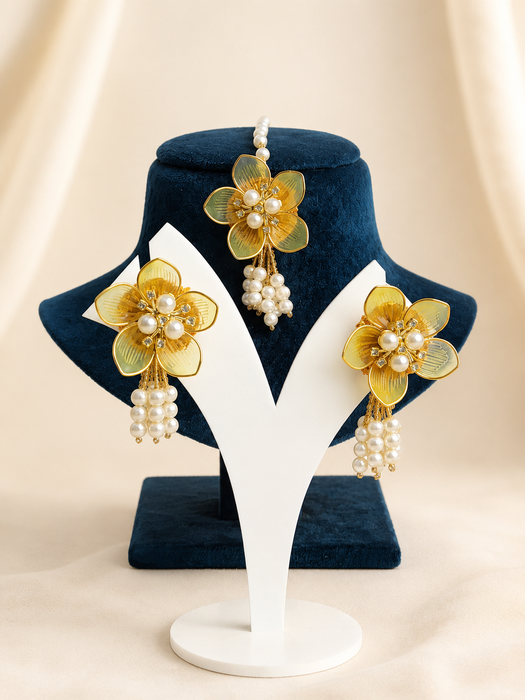 Yellow acrylic floral earrings and maang tikka