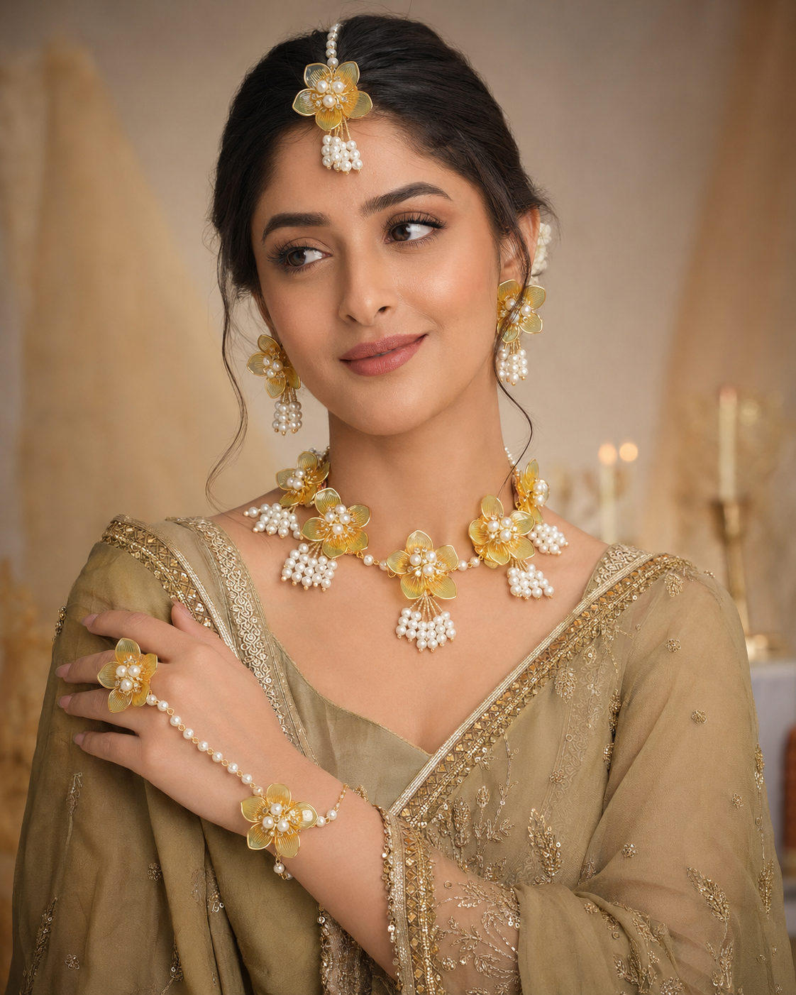 Yellow acrylic floral jewellery set - model wearing for Haldi