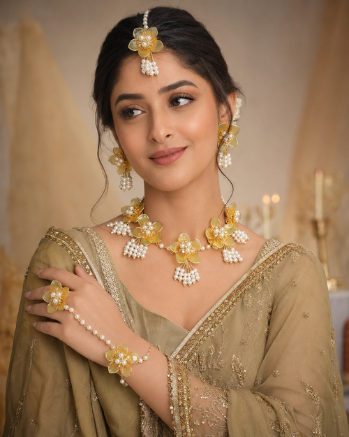 Yellow acrylic floral jewellery set - model wearing for Haldi