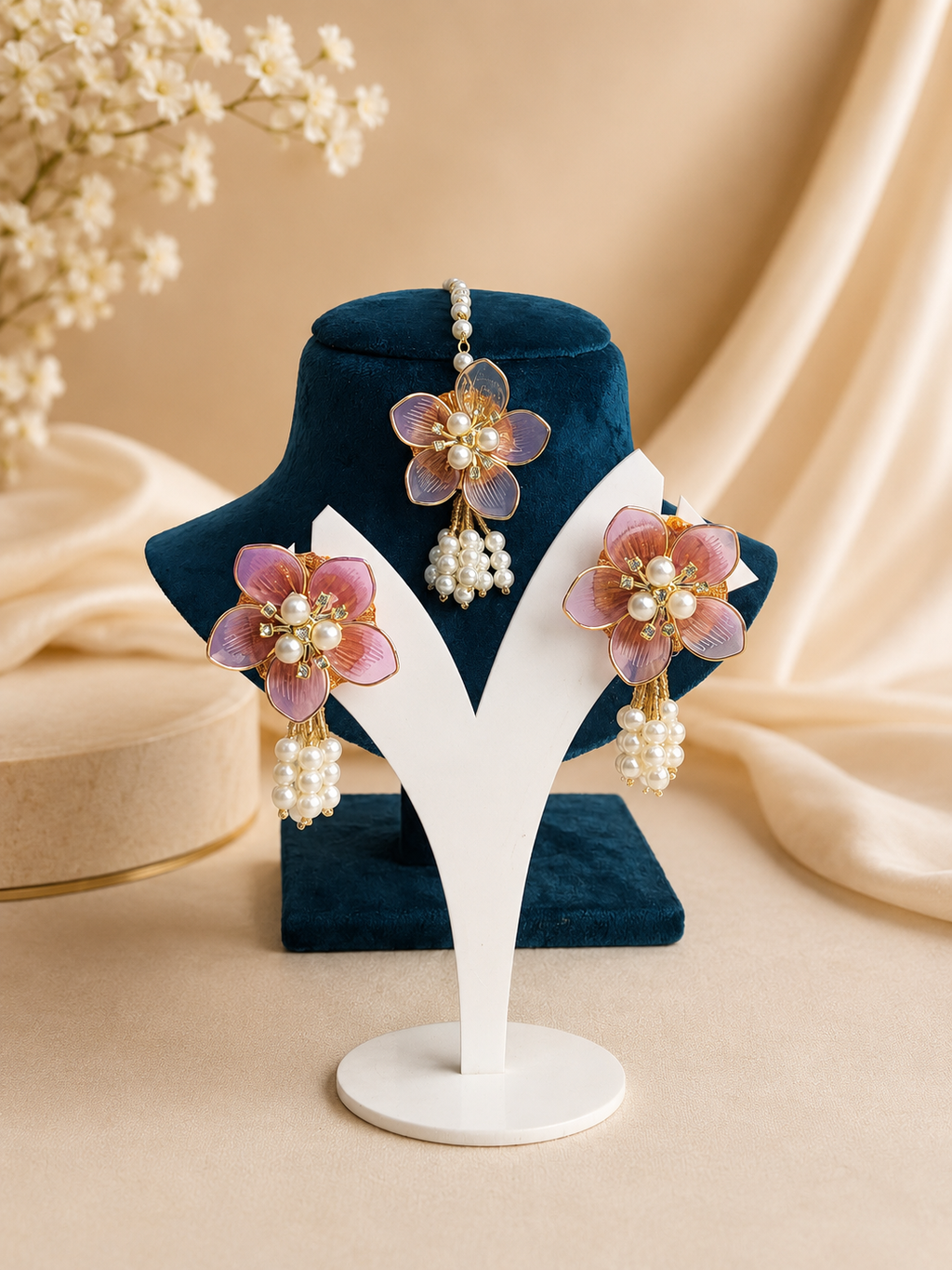 Purple acrylic floral earrings and maang tikka