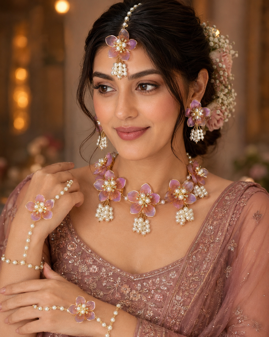Purple acrylic floral jewellery set - model wearing