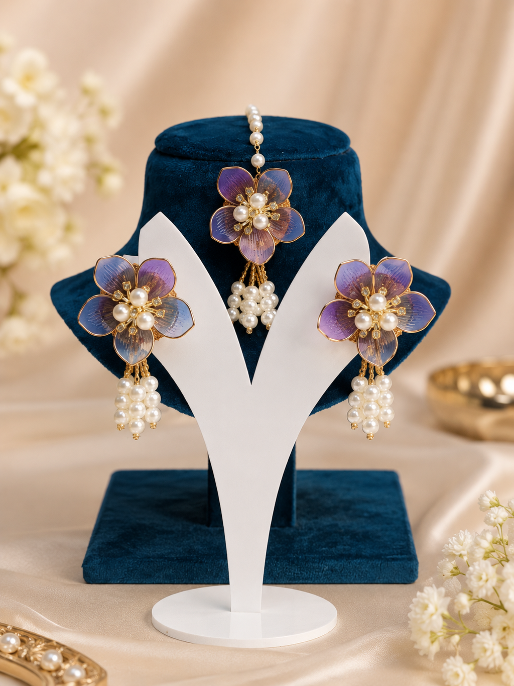 Lavender purple acrylic floral earrings and maang tikka