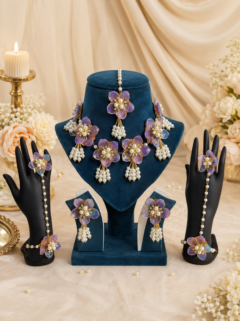 Lavender purple acrylic floral jewellery full set