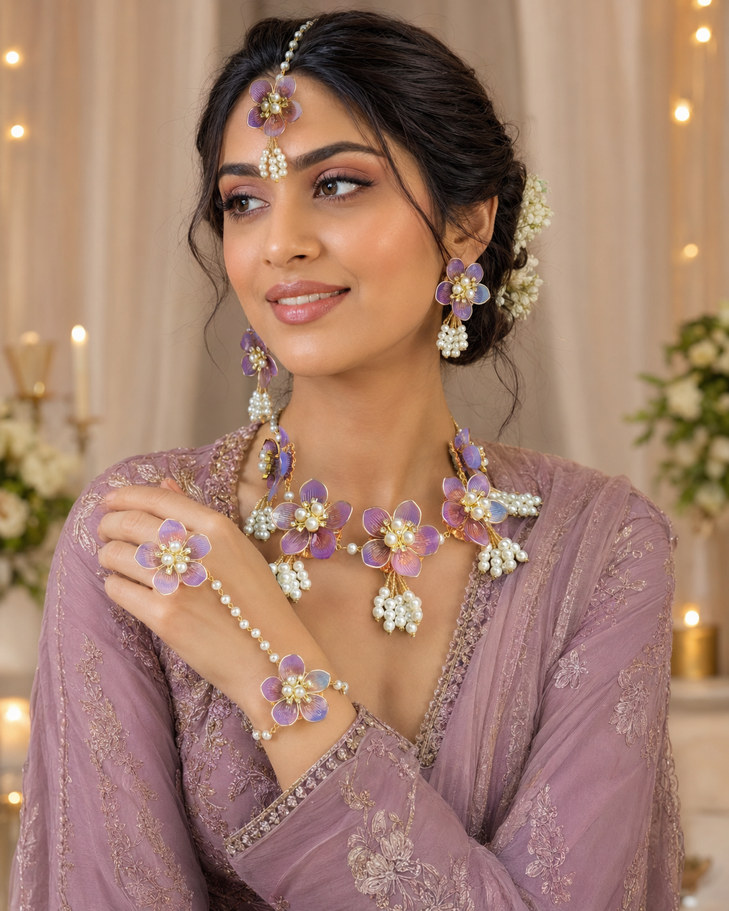 Lavender purple acrylic floral jewellery set - model wearing