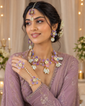 Lavender purple acrylic floral jewellery set - model wearing