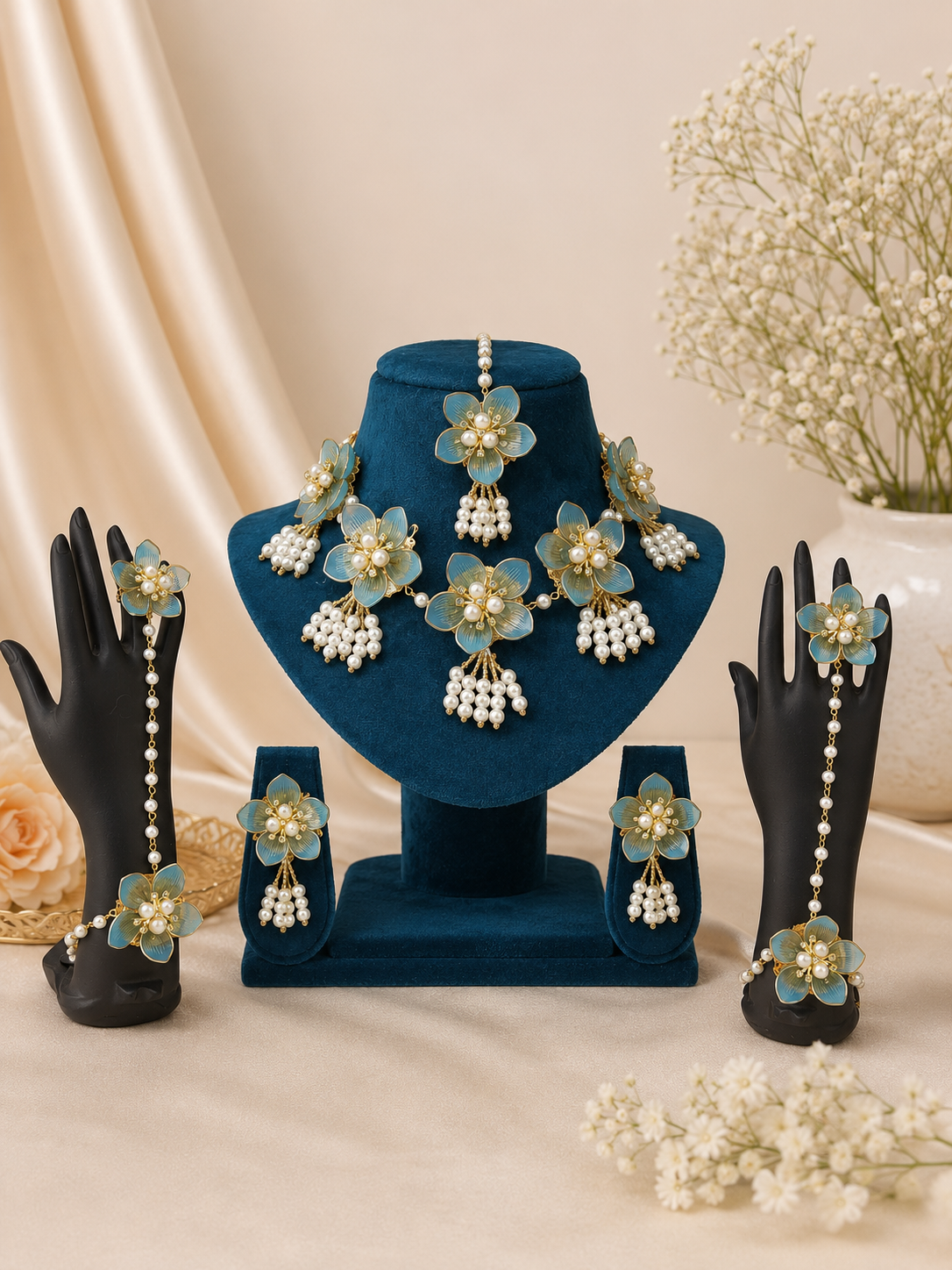 Aqua blue acrylic floral jewellery full set