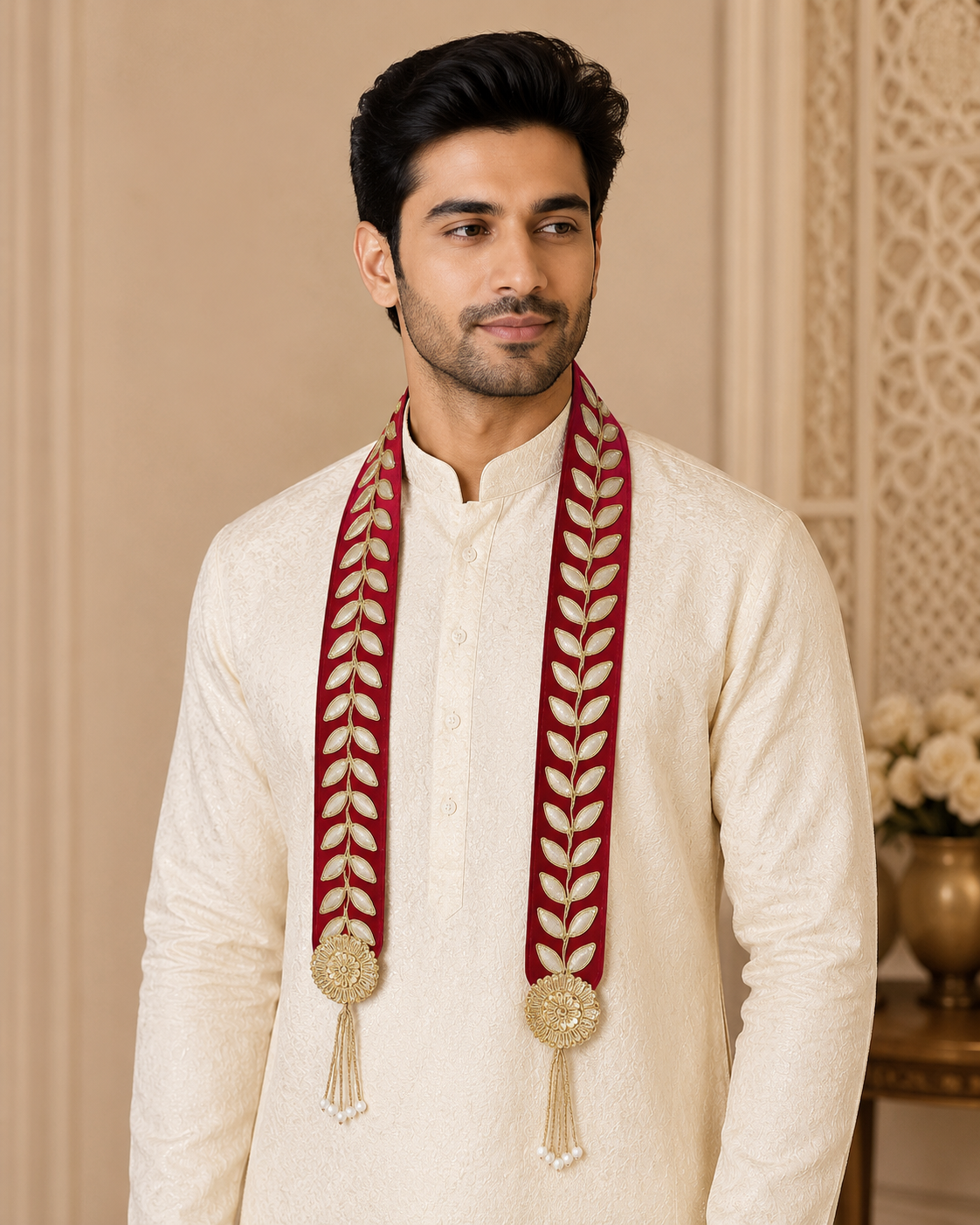 Male model wearing red Barati Swagat Mala