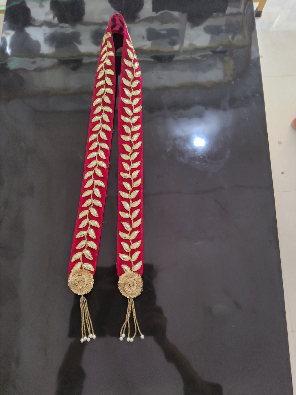 Red Barati Swagat Mala with gold leaf work and pearl tassels