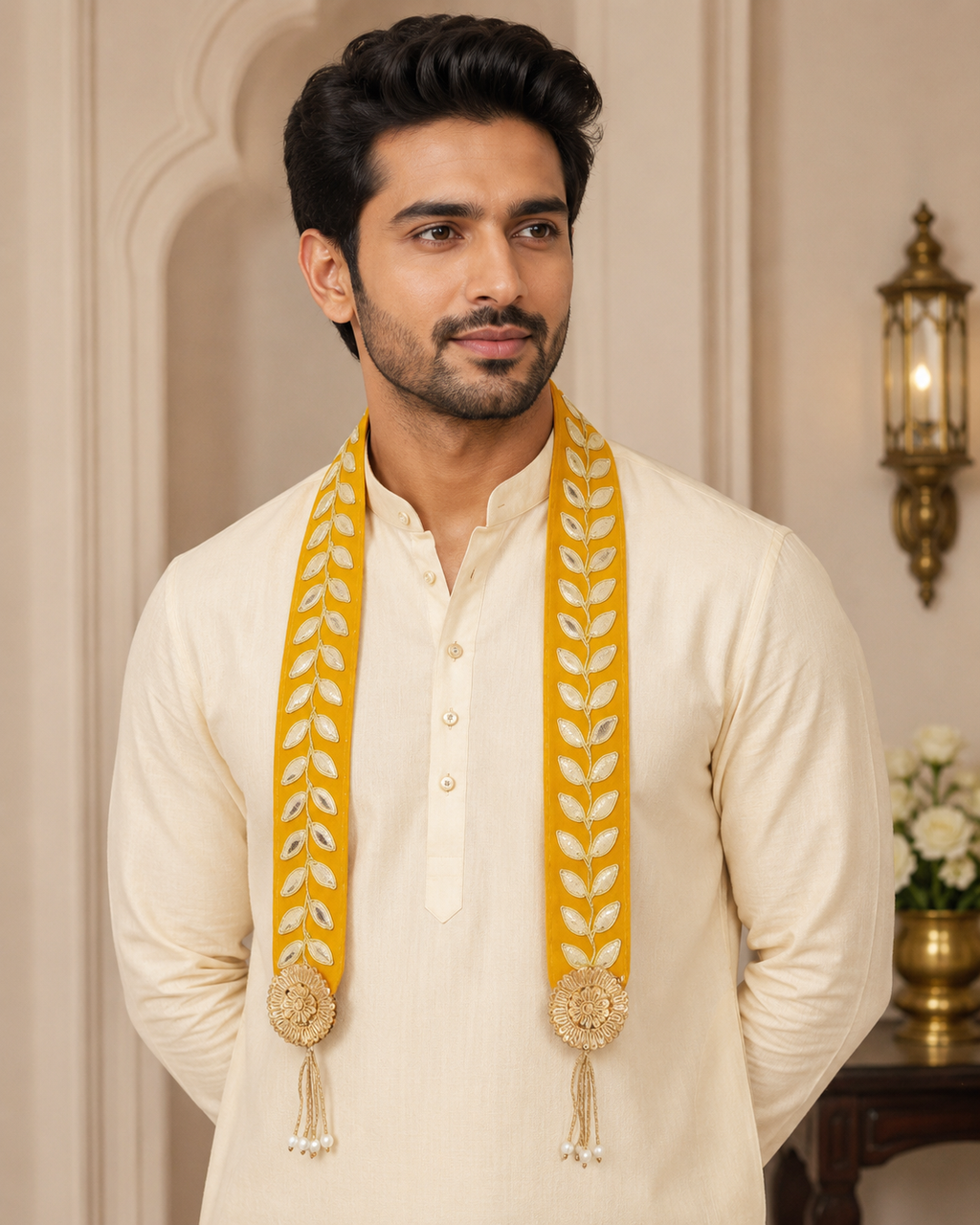 Male model wearing yellow Barati Swagat Mala