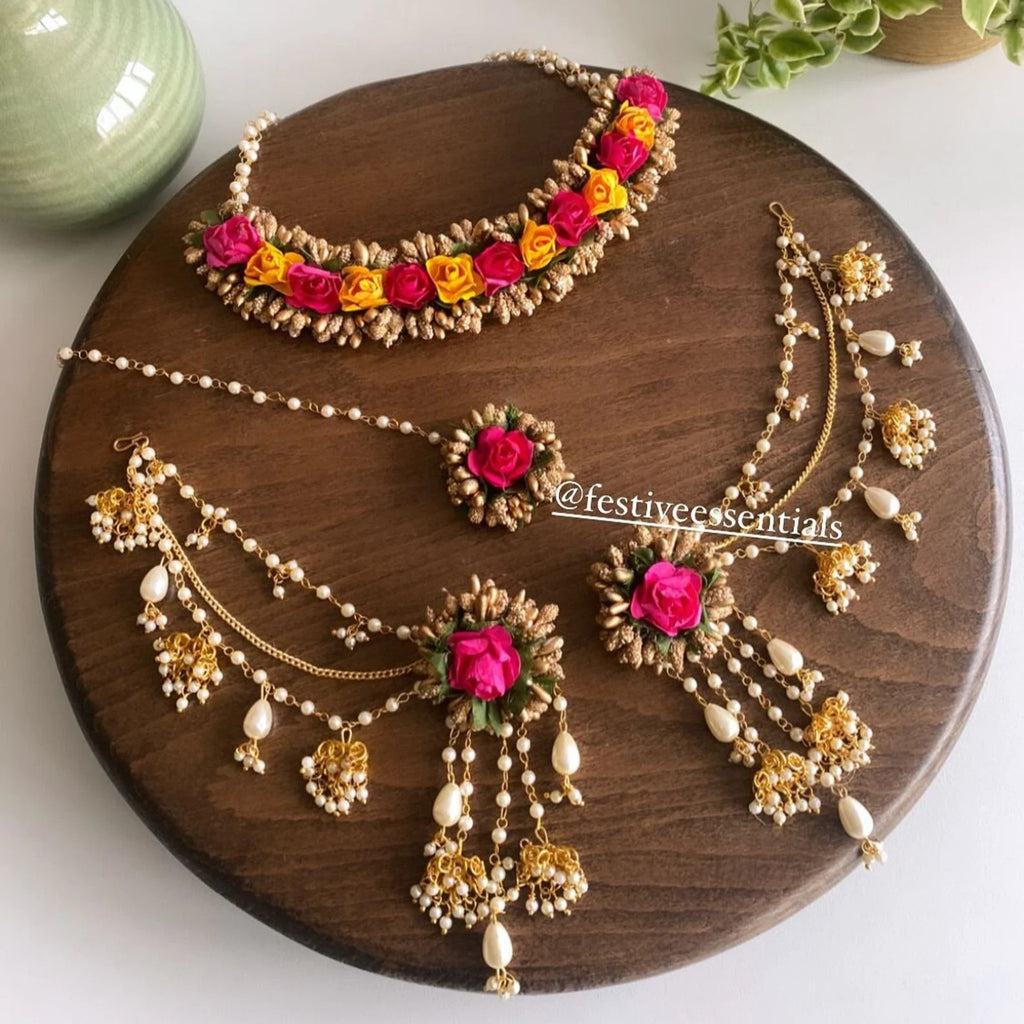 Floral Haldi Jewellery Set with Maang Tikka, Earrings & Necklace