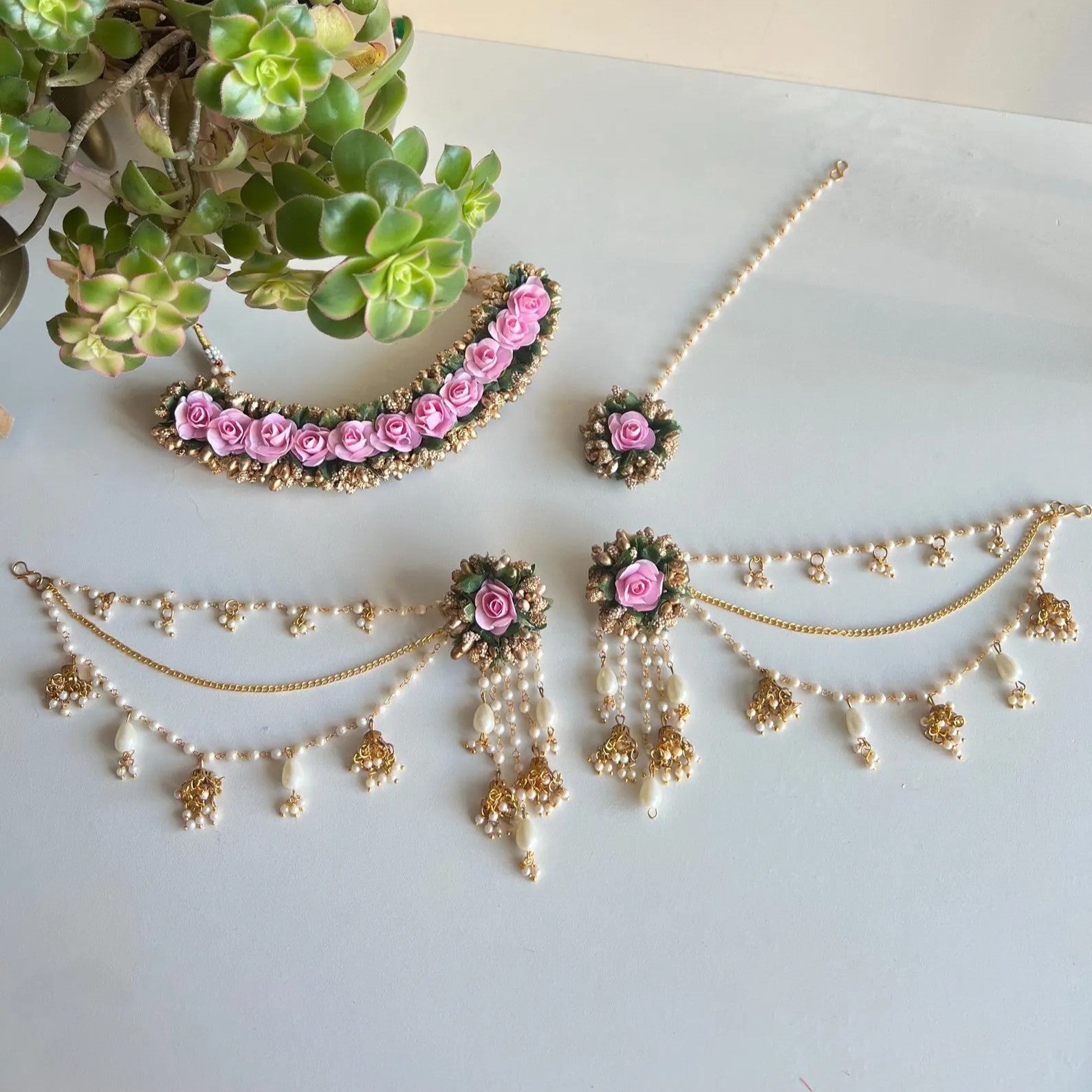 Floral Haldi Jewellery Set with Maang Tikka, Earrings & Necklace