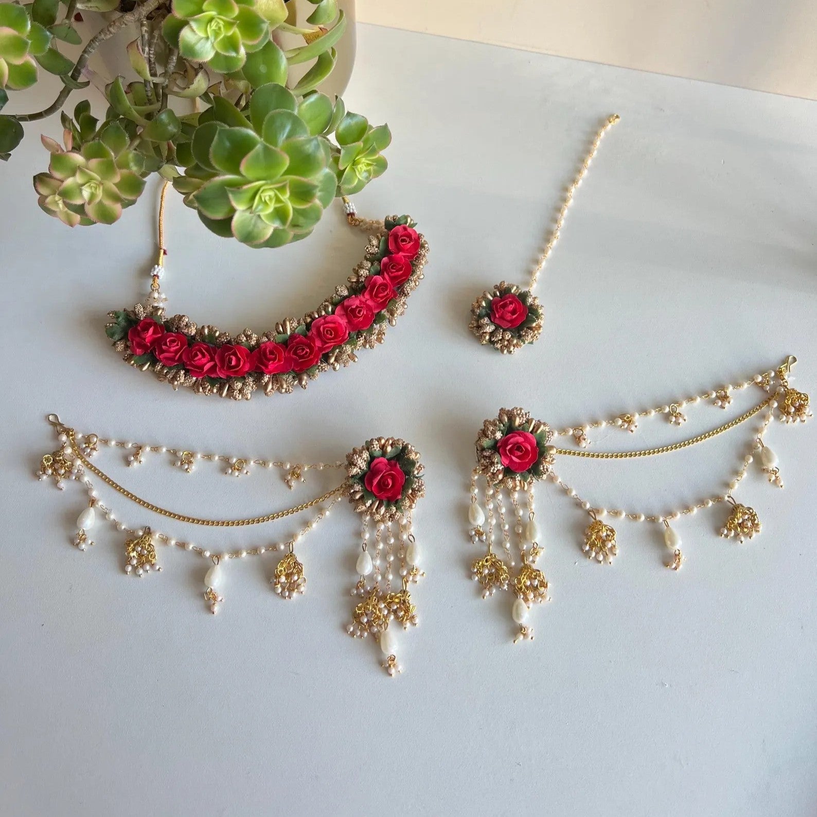 Floral Haldi Jewellery Set with Maang Tikka, Earrings & Necklace