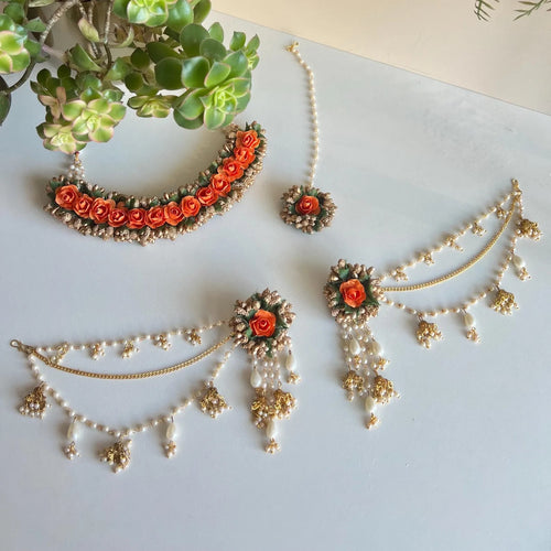 Floral Haldi Jewellery Set with Maang Tikka, Earrings & Necklace