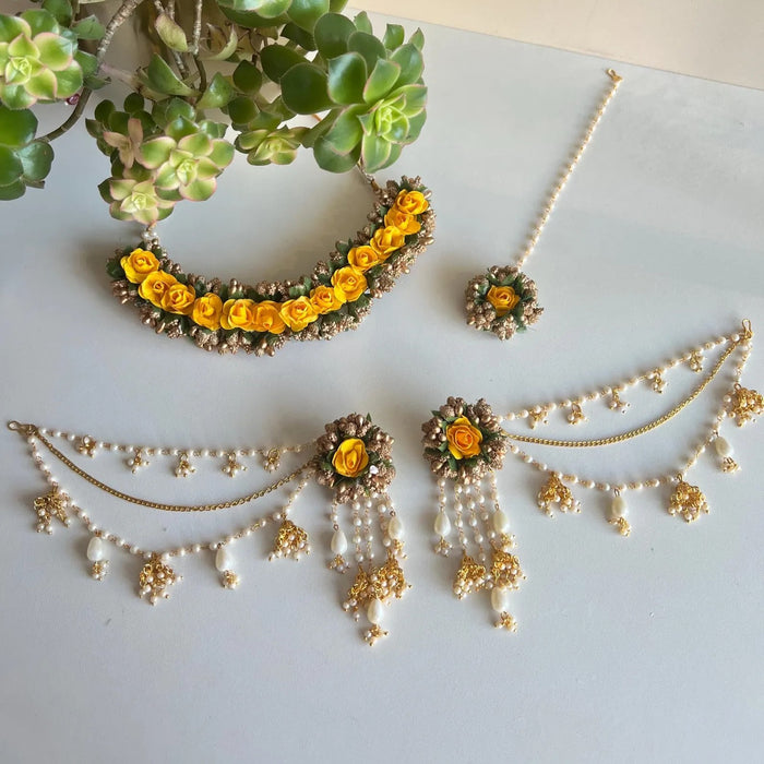 Floral Haldi Jewellery Set with Maang Tikka, Earrings & Necklace