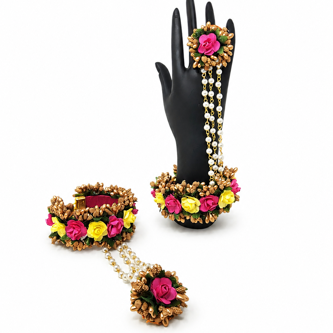Pink & Yellow Floral Haathphool with Pearl Chains for Haldi & Mehendi