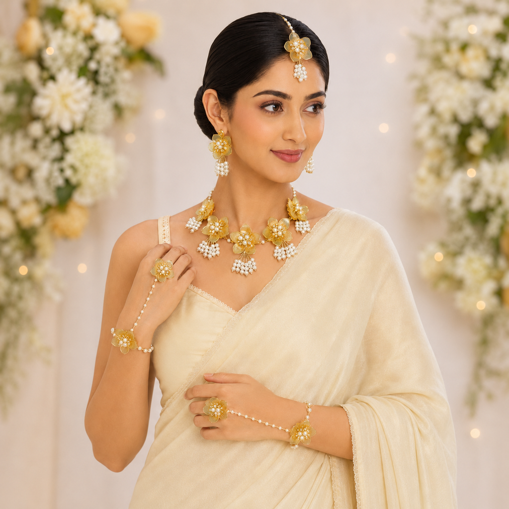Acrylic Yellow Flower Haldi Jewellery Set with Pearl Tassels