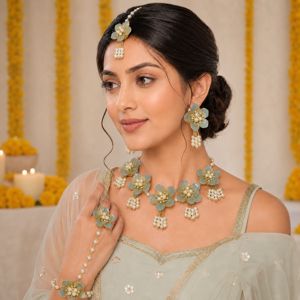 Acrylic Yellow Flower Haldi Jewellery Set with Pearl Tassels