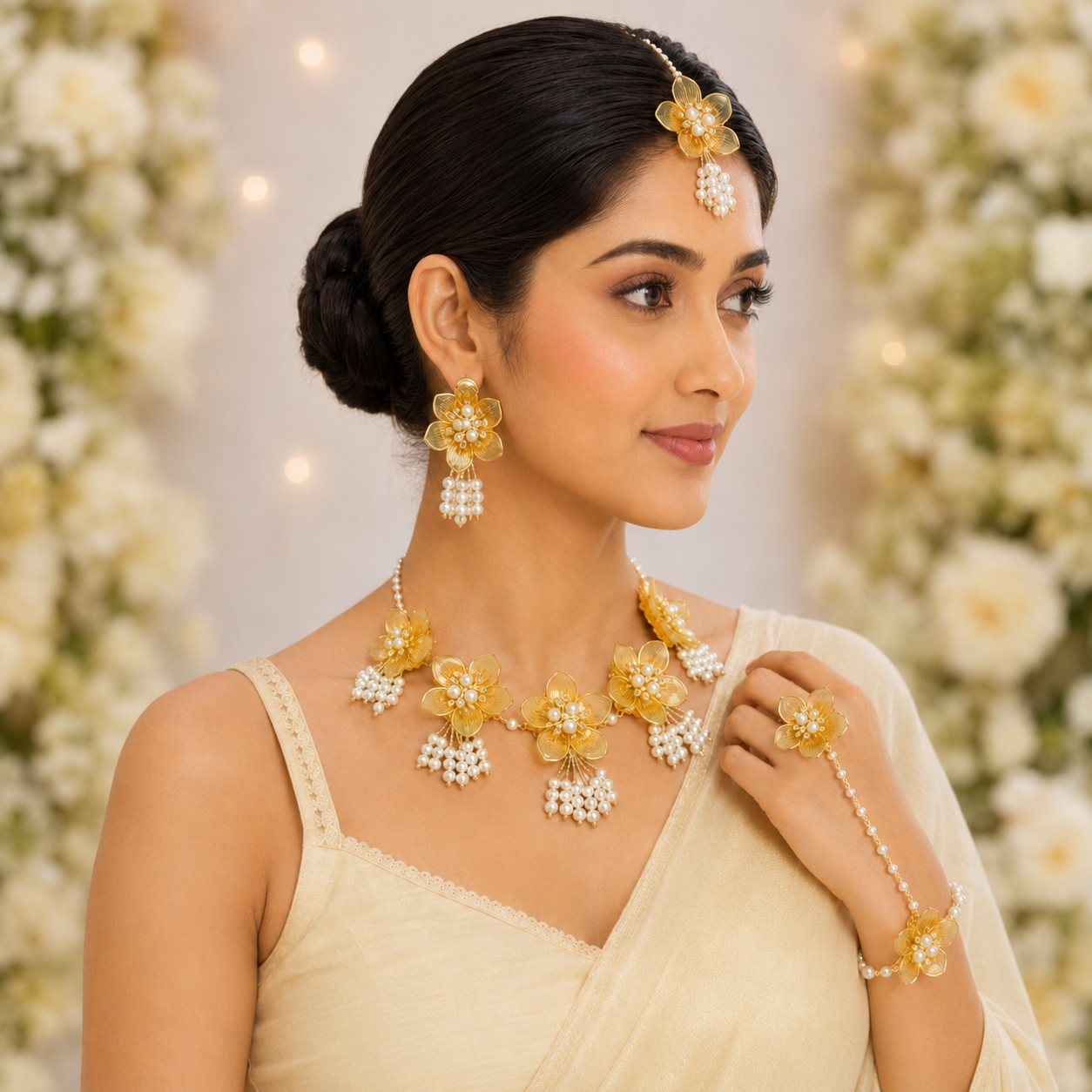 Acrylic Yellow Flower Haldi Jewellery Set with Pearl Tassels