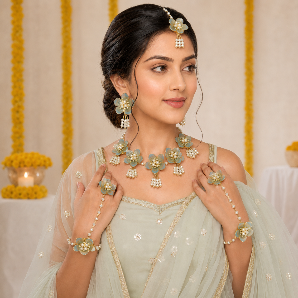 Acrylic Yellow Flower Haldi Jewellery Set with Pearl Tassels
