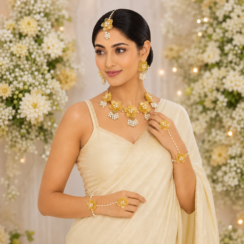 Acrylic Yellow Flower Haldi Jewellery Set with Pearl Tassels