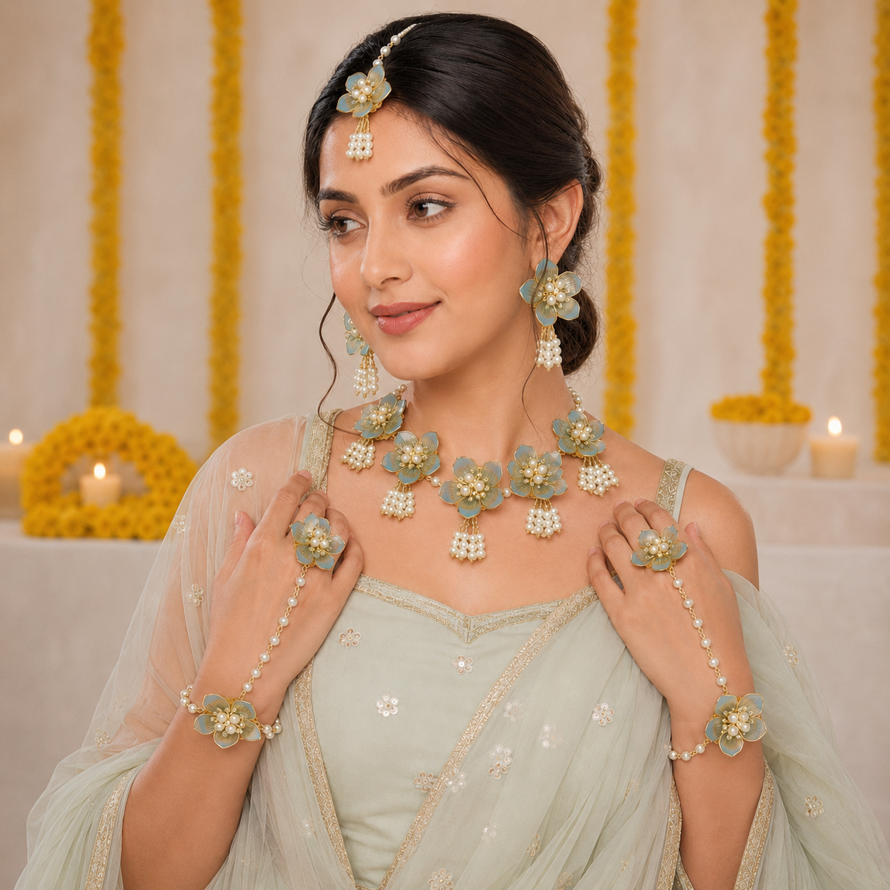 Acrylic Yellow Flower Haldi Jewellery Set with Pearl Tassels