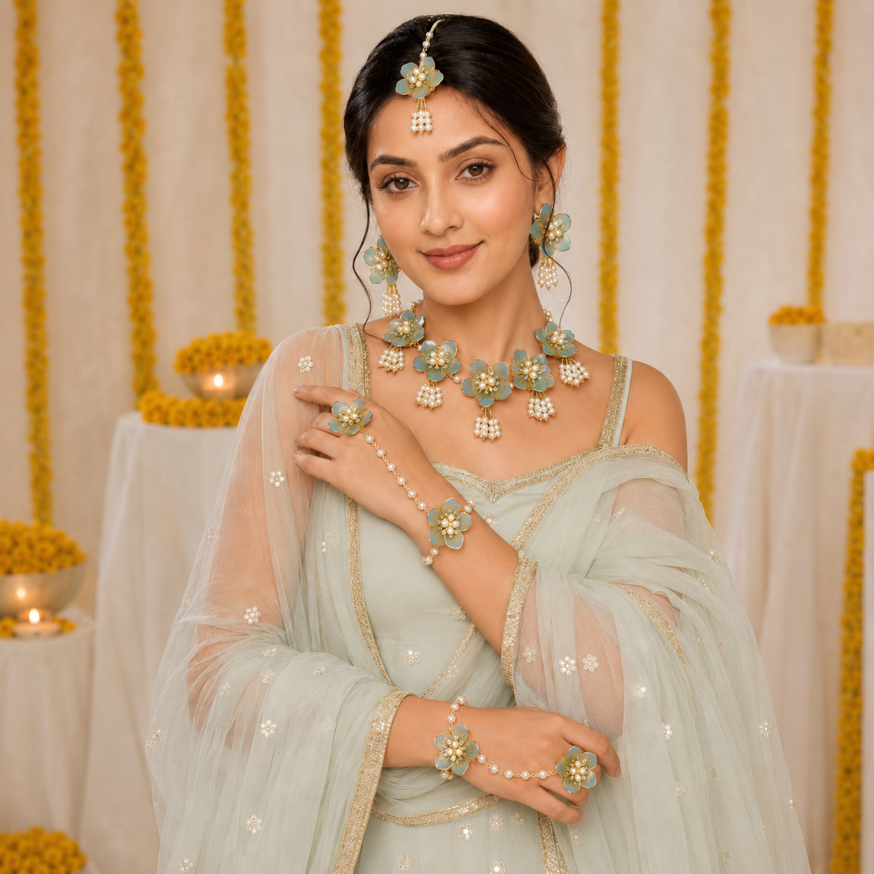 Acrylic Yellow Flower Haldi Jewellery Set with Pearl Tassels