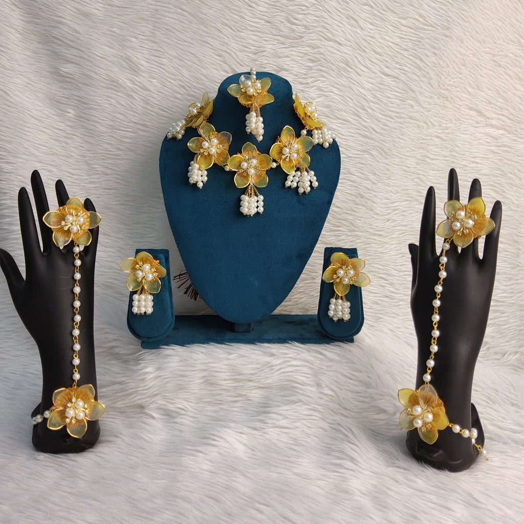 Acrylic Yellow Flower Haldi Jewellery Set with Pearl Tassels