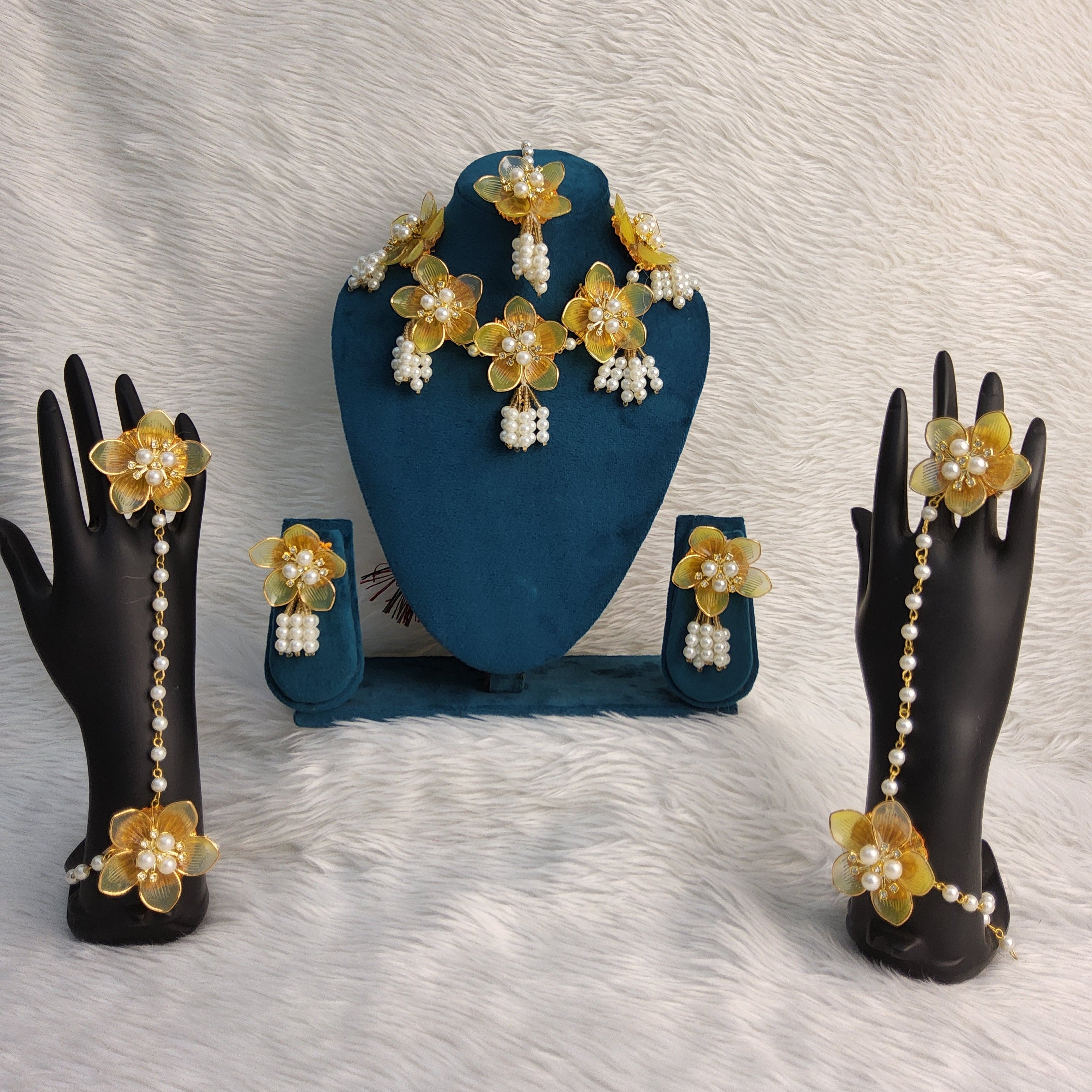Acrylic Yellow Flower Haldi Jewellery Set with Pearl Tassels