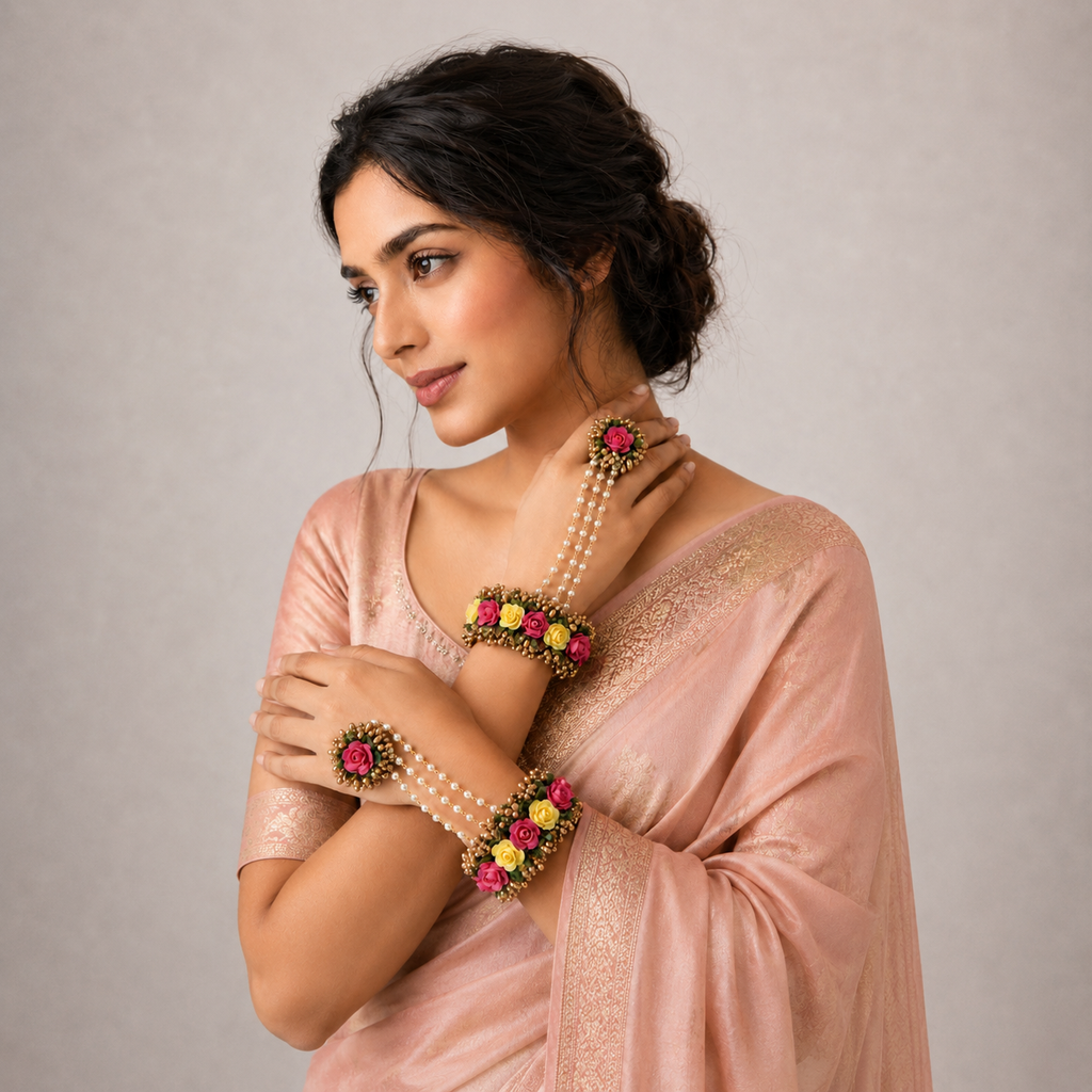Pink & Yellow Floral Haathphool with Pearl Chains for Haldi & Mehendi
