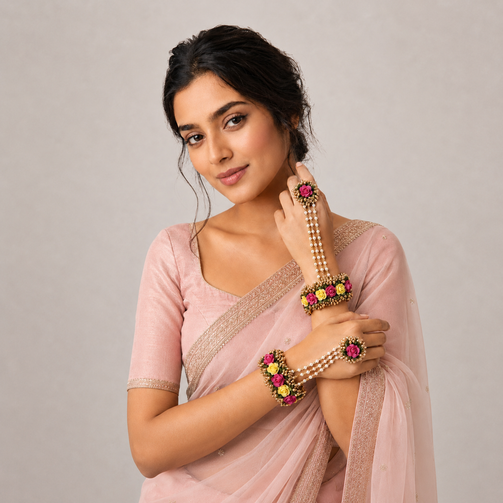 Pink & Yellow Floral Haathphool with Pearl Chains for Haldi & Mehendi